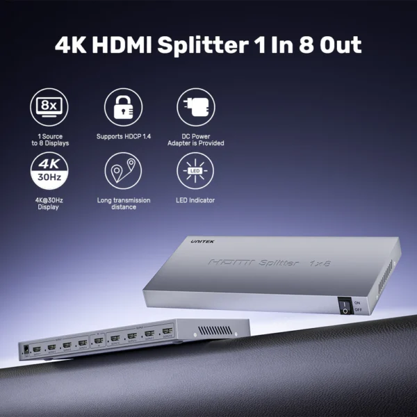 UNITEK 4K HDMI Splitter 1-in-8 Out 4K@30Hz Compatible HDMI 1.4 - Image 2