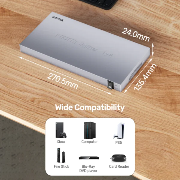 UNITEK 4K HDMI Splitter 1-in-8 Out 4K@30Hz Compatible HDMI 1.4 - Image 6