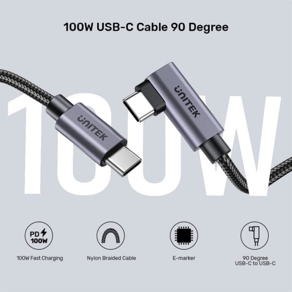 UNITEK 100W USB-C Fast Charging Cable 90 Degree (5 Meter) Compatible with iPhone 15, MacBook, Samsung Galaxy - Image 2