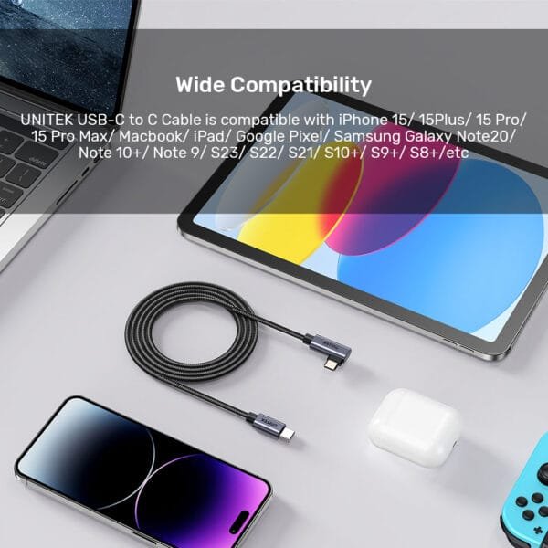 UNITEK 100W USB-C Fast Charging Cable 90 Degree (5 Meter) Compatible with iPhone 15, MacBook, Samsung Galaxy - Image 9