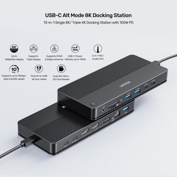 UNITEK USB-C 13-in-1 Docking Station with Single 8K & Triple 4K Display and 100W Power Delivery - Image 3