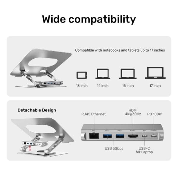 UNITEK Laptop Stand with Detachable USB-C Hub 360° Rotating Base Tilt Design Supports up to 15.6" Notebook. - Image 8