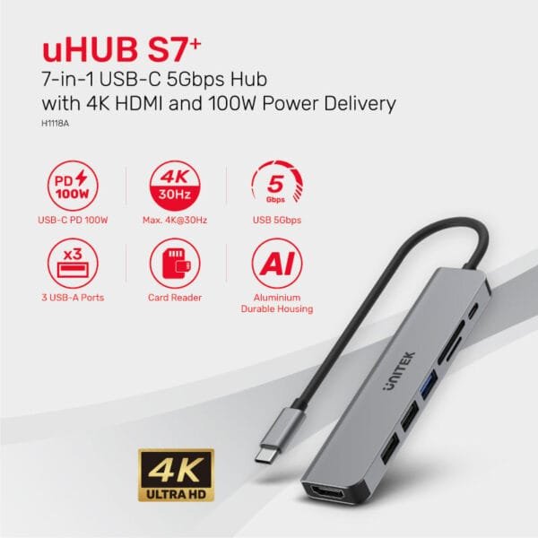 UNITEK uHUB S7+ 7-in-1 USB-C 5Gbps Hub with 4K HDMI and SD/TF Card Reader, 100W Power Delivery - Image 3