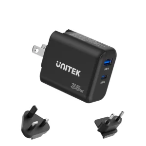 UNITEK 35W GaN Wall Charger 3-in-1 Plugs Ultra-Compact Dual Port USB-C & USB-A Fast Charger