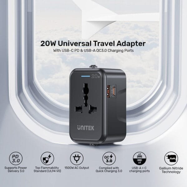 UNITEK 20W Universal Travel Adapter Dual USB-C PD & USB-A QC 3.0 Fast Charging Ports - Image 2
