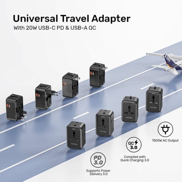 UNITEK 20W Universal Travel Adapter Dual USB-C PD & USB-A QC 3.0 Fast Charging Ports - Image 4