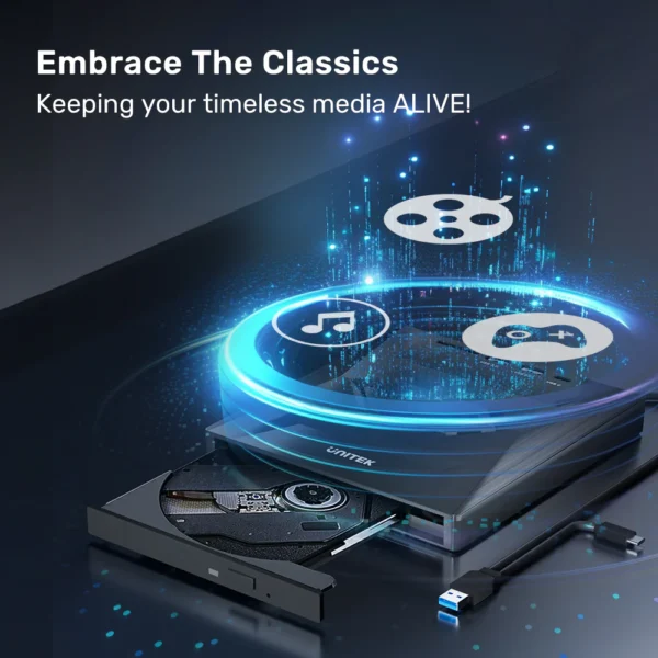 UNITEK External Optical Drive with 5-in-1 Hub, 2 USB-A Ports, USB-C Port, SD Card Reader - Image 2