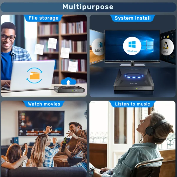 UNITEK External Optical Drive with 5-in-1 Hub, 2 USB-A Ports, USB-C Port, SD Card Reader - Image 4