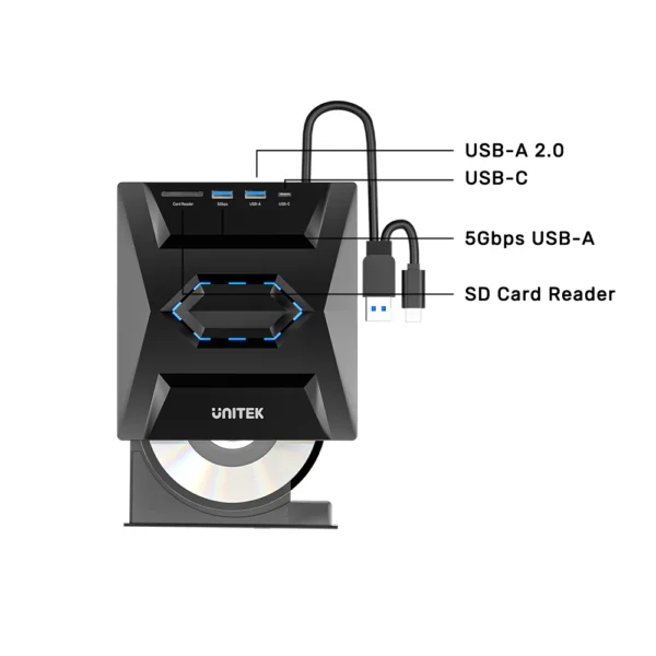 UNITEK External Optical Drive with 5-in-1 Hub, 2 USB-A Ports, USB-C Port, SD Card Reader - Image 6
