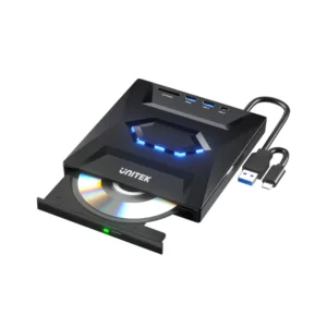 UNITEK External Optical Drive with 5-in-1 Hub, 2 USB-A Ports, USB-C Port, SD Card Reader