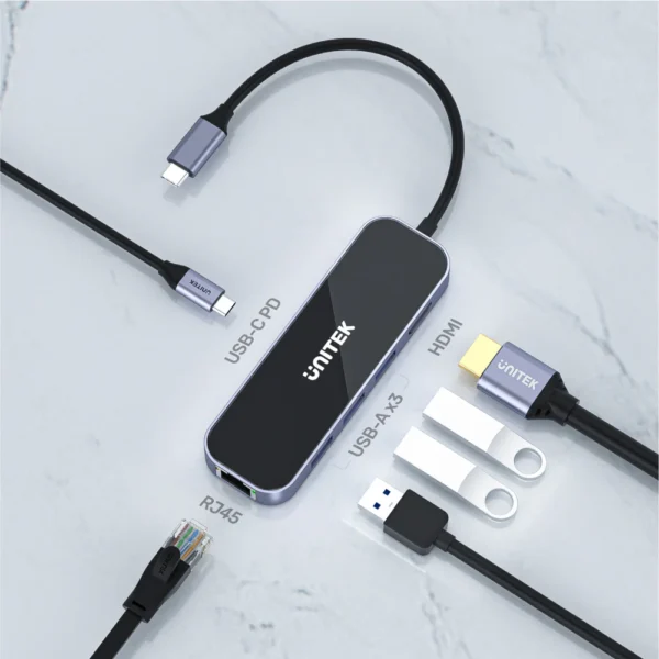 UNITEK uHUB H6 Gloss 6-in-1 USB-C Hub HDMI 4K@30Hz, 3x USB-A 3.0, Gigabit Ethernet, 100W PD - Image 2
