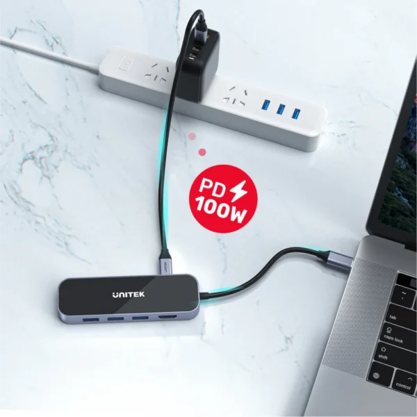UNITEK uHUB H6 Gloss 6-in-1 USB-C Hub HDMI 4K@30Hz, 3x USB-A 3.0, Gigabit Ethernet, 100W PD - Image 4