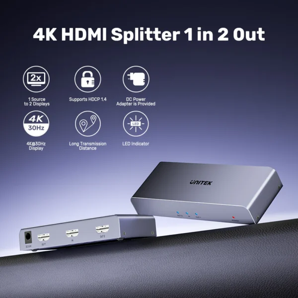 UNITEK HDMI Splitter 1 In 2 Out 4K@30Hz HDCP 1.4 Plug-and-Play - Image 2