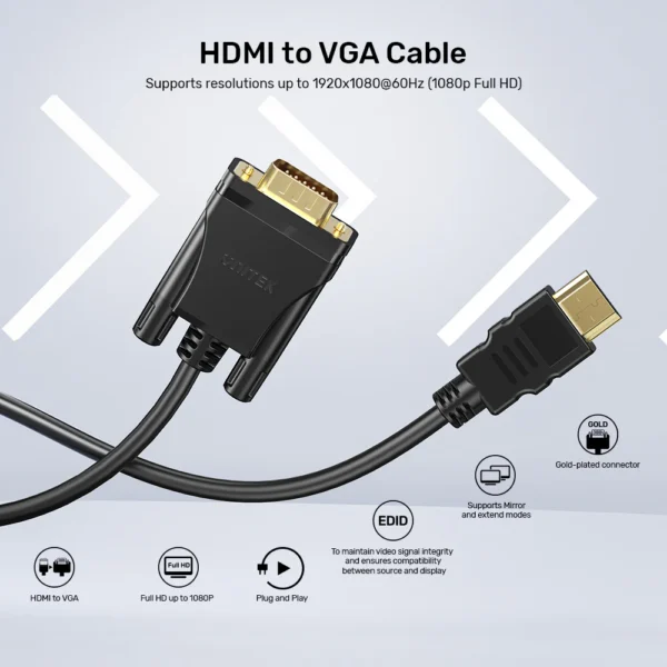 UNITEK HDMI to VGA Cable (2 Meter) Full HD 1080P@60Hz Gold-Plated Connectors - Image 2