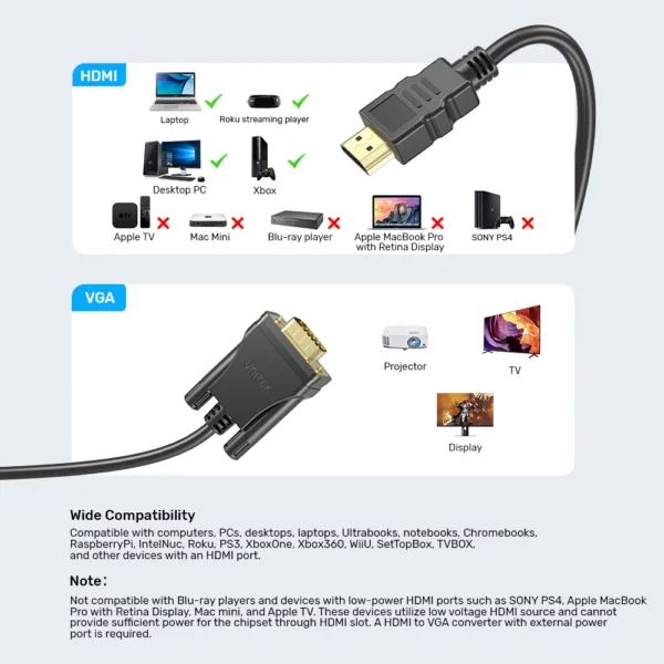 UNITEK HDMI to VGA Cable (2 Meter) Full HD 1080P@60Hz Gold-Plated Connectors - Image 8