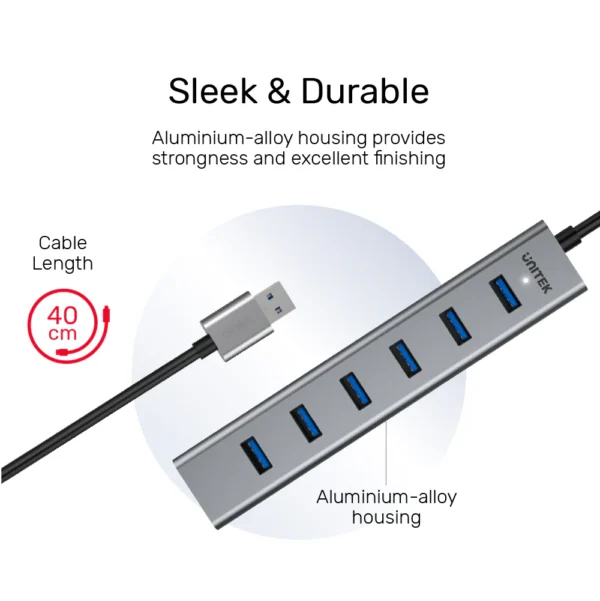 UNITEK uHUB S7 7-Port USB 3.0 Powered Hub (40cm) Aluminum Enclosure, BC1.2 Charging, LED Indicator - Image 2