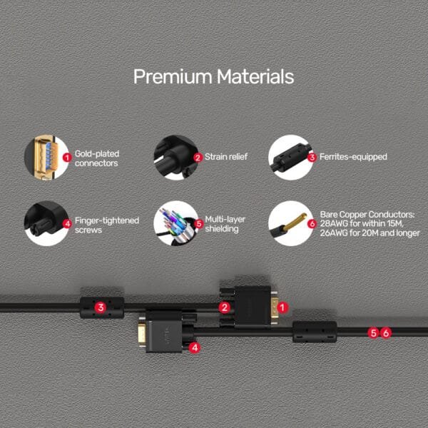 UNITEK VGA 15 Pin (3C+6) Monitor Cable (10 Meter) Premium HD15 Gold-Plated Connector - Image 6