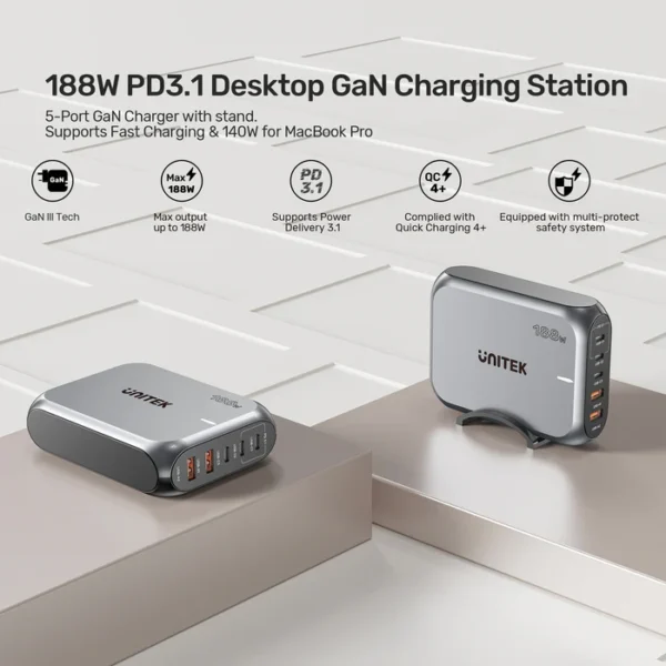 UNITEK 188W PD3.1 Desktop GaN Charging Station 5-Port Laptop & Phone Charger - Image 2