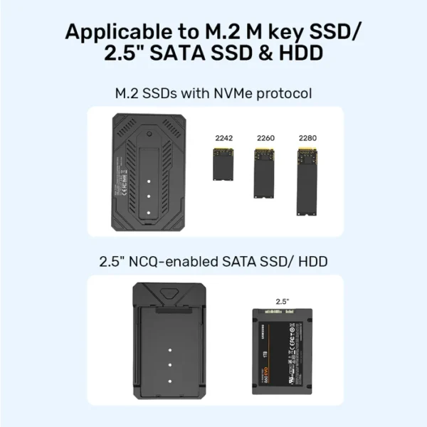 UNITEK USB 3.2 Gen2 M.2 NVMe & SATA SSD Enclosure Supports PCIe NVMe 2242/2260/2280 & 2.5" SATA SSDs - Image 5