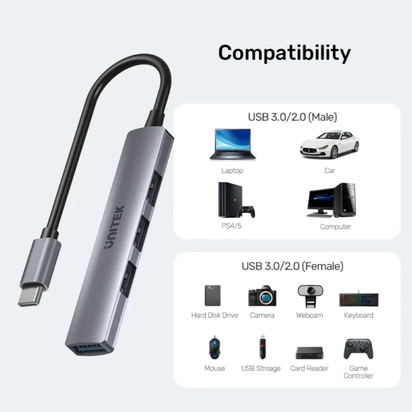 UNITEK uHUB Q4 USB-C Hub 4-in-1 USB-A Adapter (5Gbps + 3x USB 2.0) - Image 5
