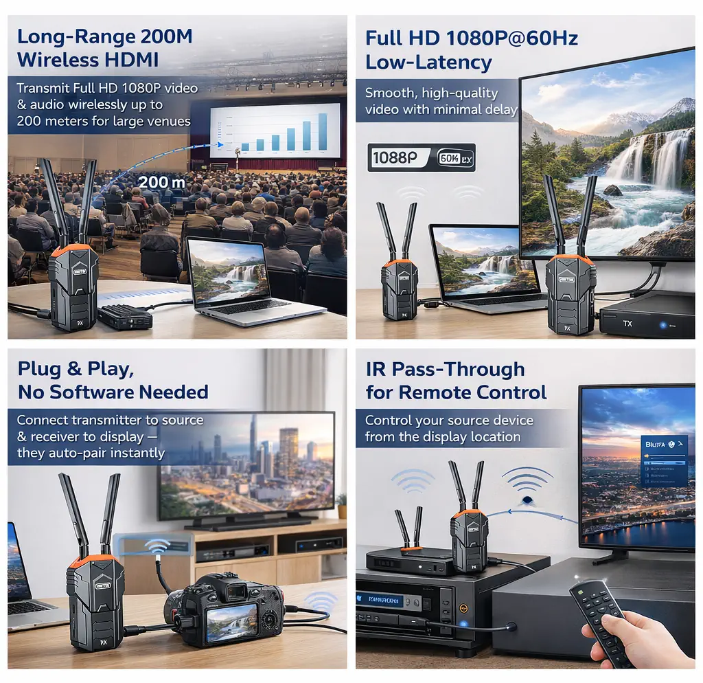 UNITEK Wireless HDMI Transmitter & Receiver Kit 200M Range 1080P@60Hz Full HD - Image 2