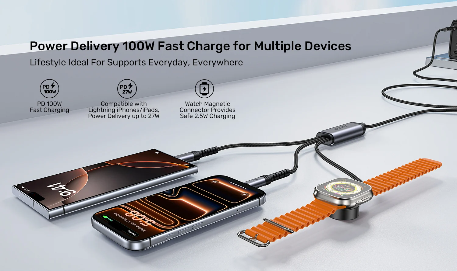 UNITEK C14180AGY01 1.2M 3 in 1 cable offers 100W USB C PD, 27W Lightning, 2.5W Apple Watch 001
