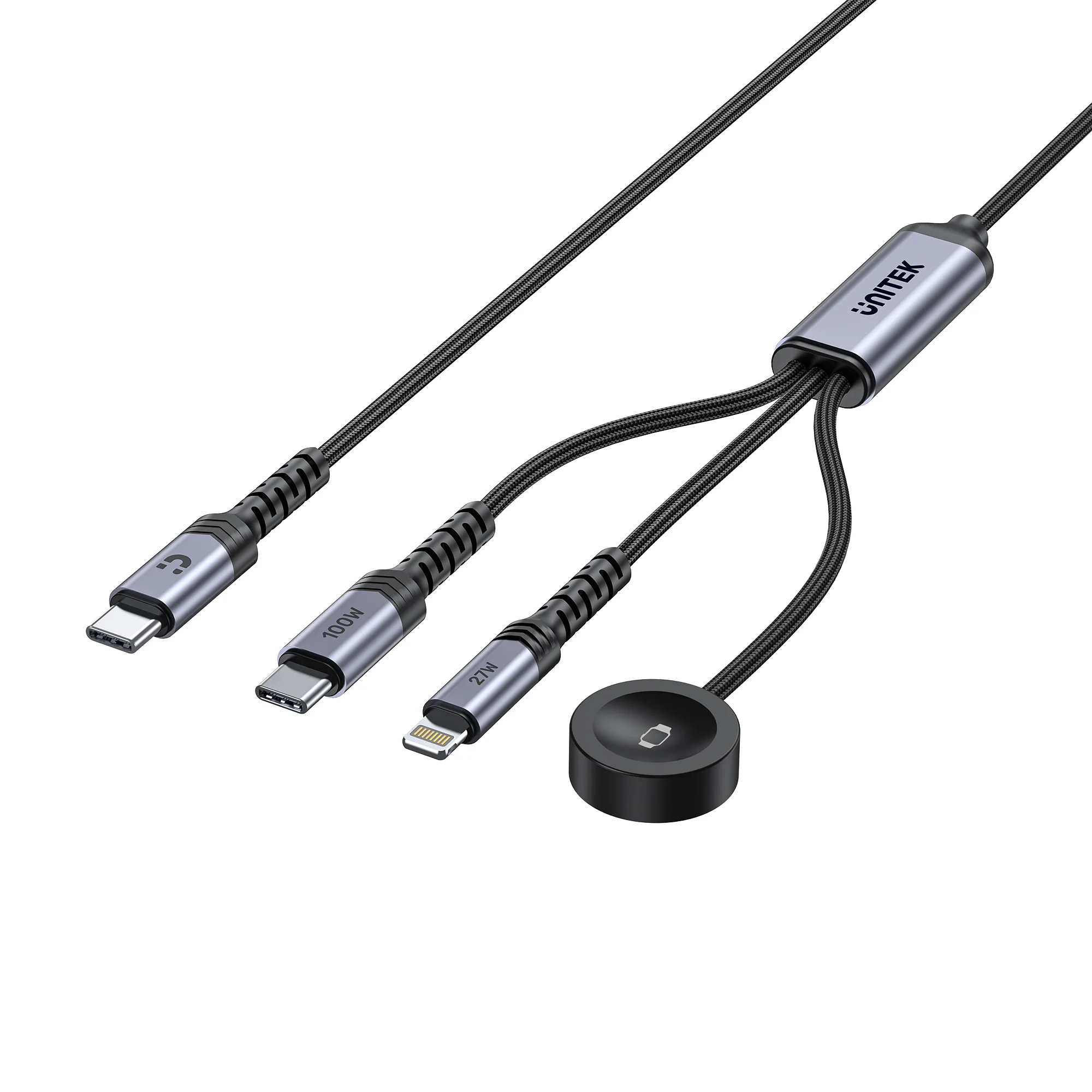 UNITEK C14180AGY01 1.2M 3 in 1 cable offers 100W USB C PD, 27W Lightning, 2.5W Apple Watch 02