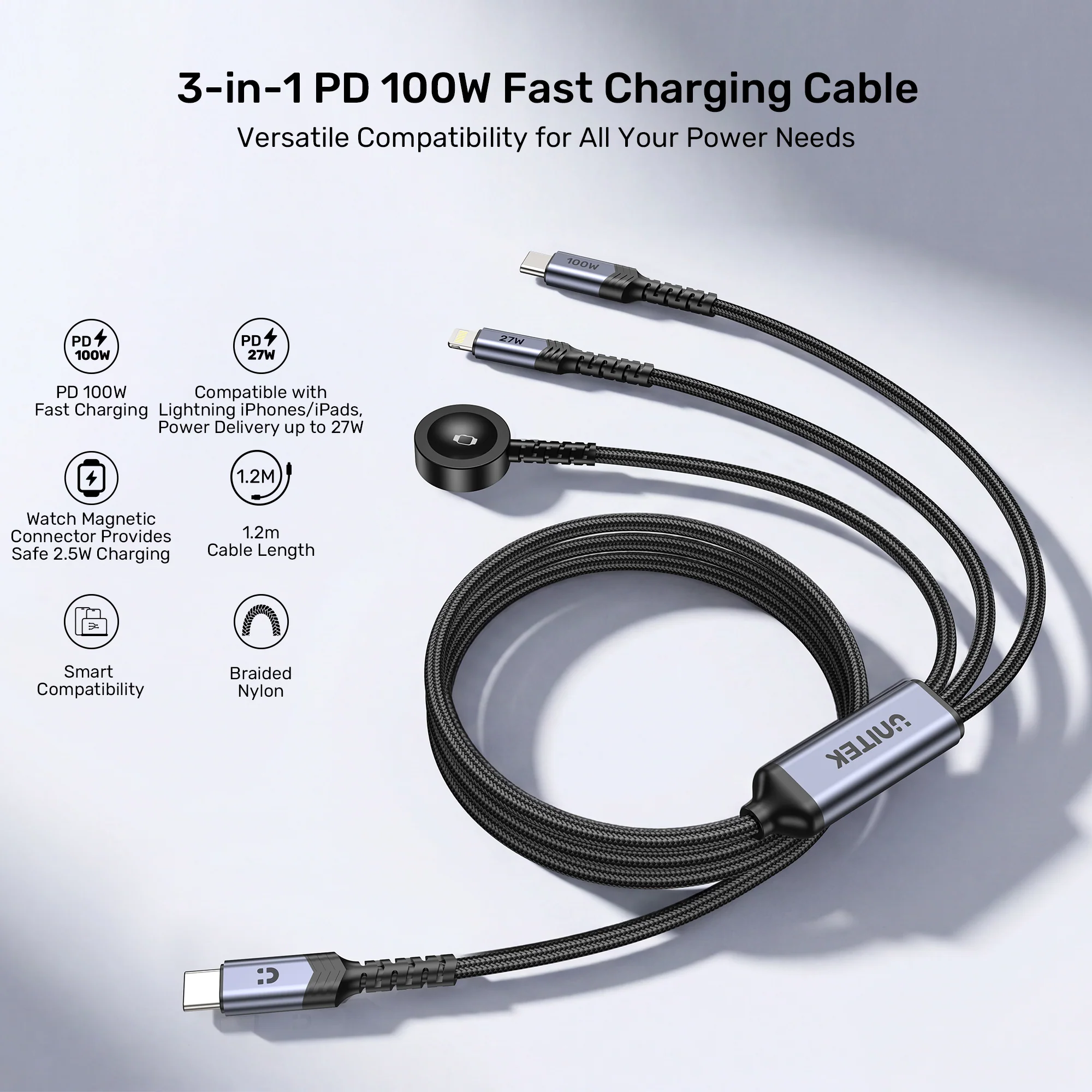 UNITEK C14180AGY01 1.2M 3 in 1 cable offers 100W USB C PD, 27W Lightning, 2.5W Apple Watch 03