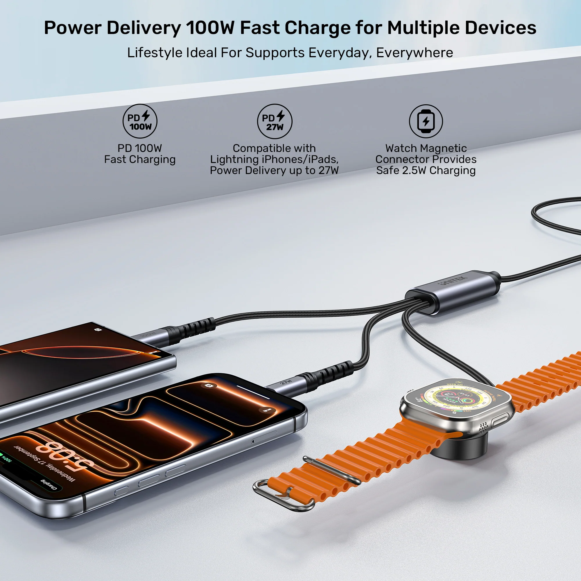 UNITEK C14180AGY01 1.2M 3 in 1 cable offers 100W USB C PD, 27W Lightning, 2.5W Apple Watch 04