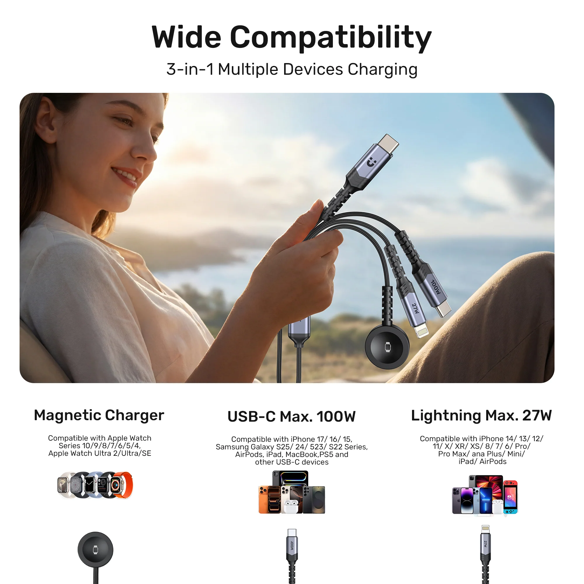 UNITEK C14180AGY01 1.2M 3 in 1 cable offers 100W USB C PD, 27W Lightning, 2.5W Apple Watch 05