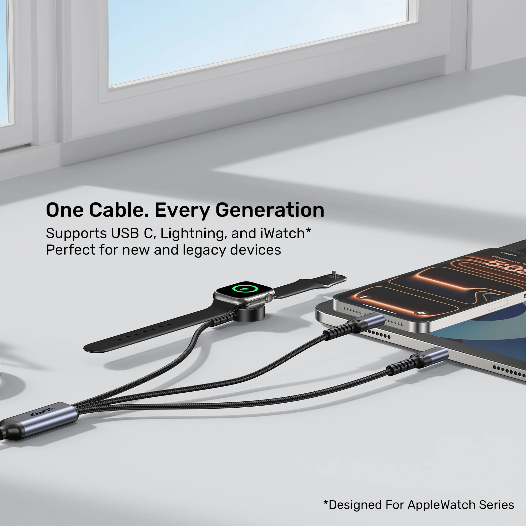 UNITEK C14180AGY01 1.2M 3 in 1 cable offers 100W USB C PD, 27W Lightning, 2.5W Apple Watch 06