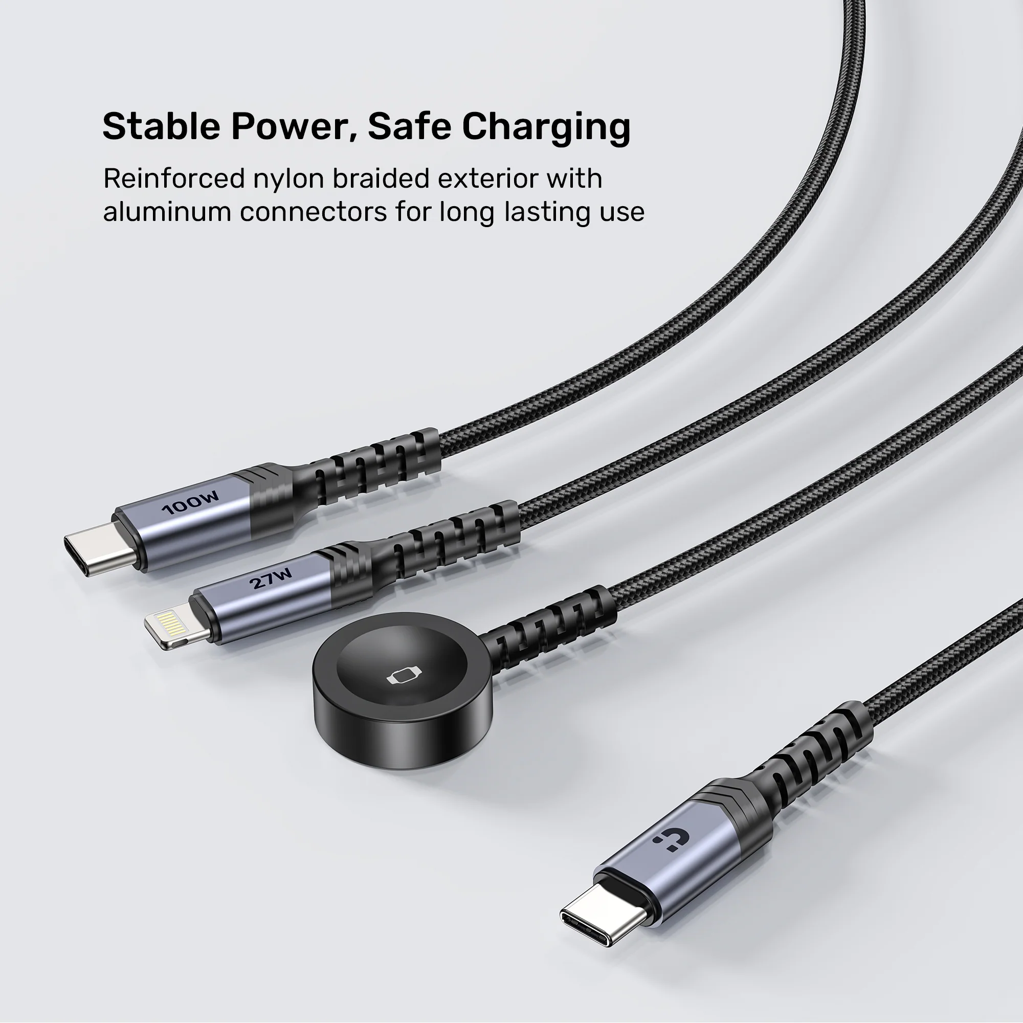 UNITEK C14180AGY01 1.2M 3 in 1 cable offers 100W USB C PD, 27W Lightning, 2.5W Apple Watch 08