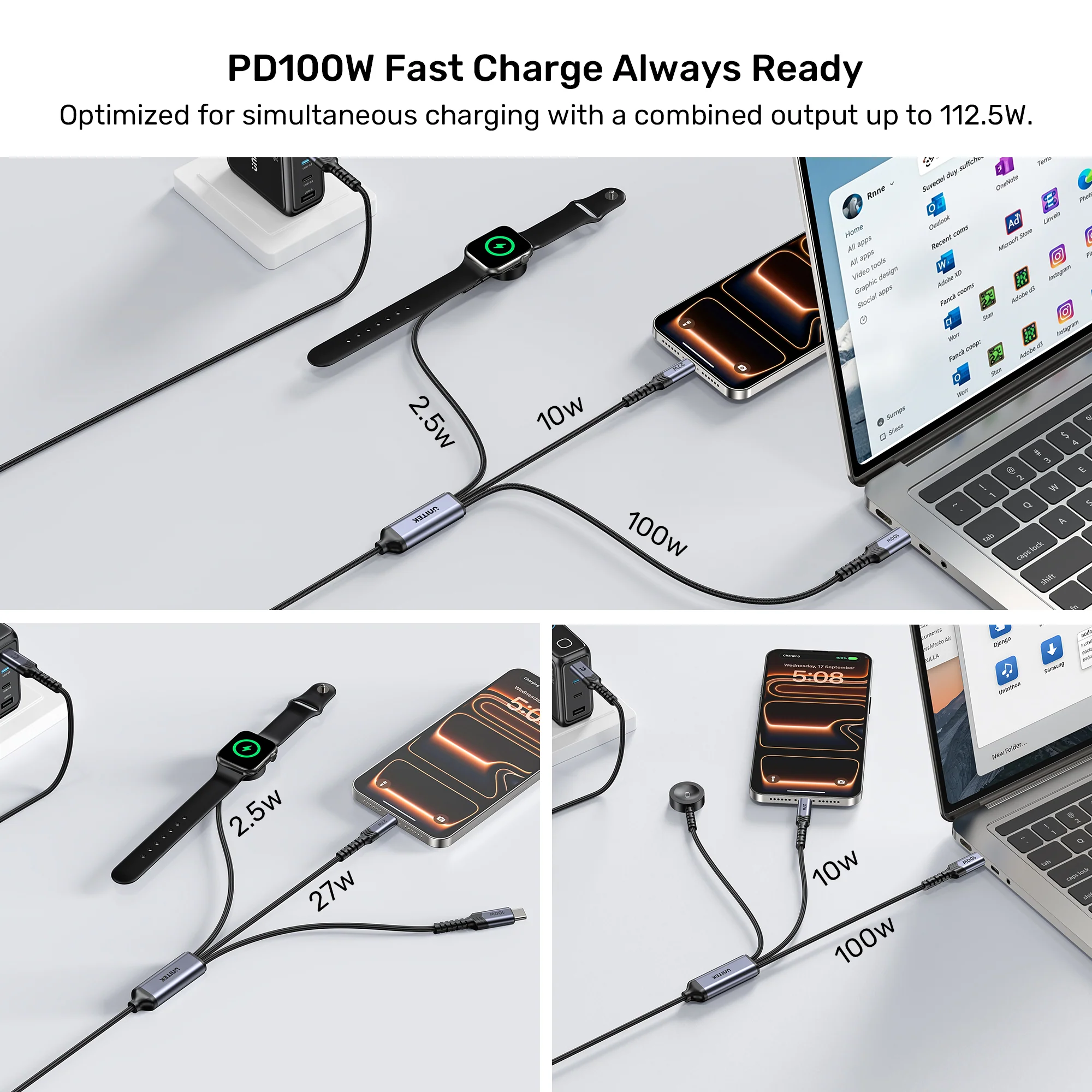 UNITEK C14180AGY01 1.2M 3 in 1 cable offers 100W USB C PD, 27W Lightning, 2.5W Apple Watch 09