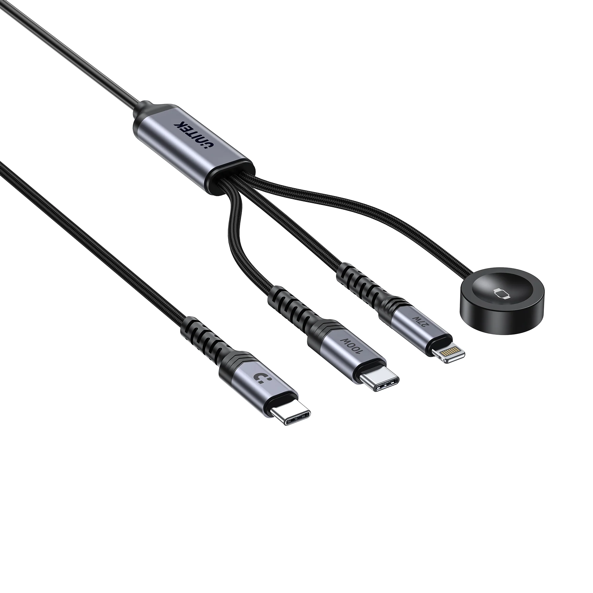 UNITEK C14180AGY01 1.2M 3 in 1 cable offers 100W USB C PD, 27W Lightning, 2.5W Apple Watch 11