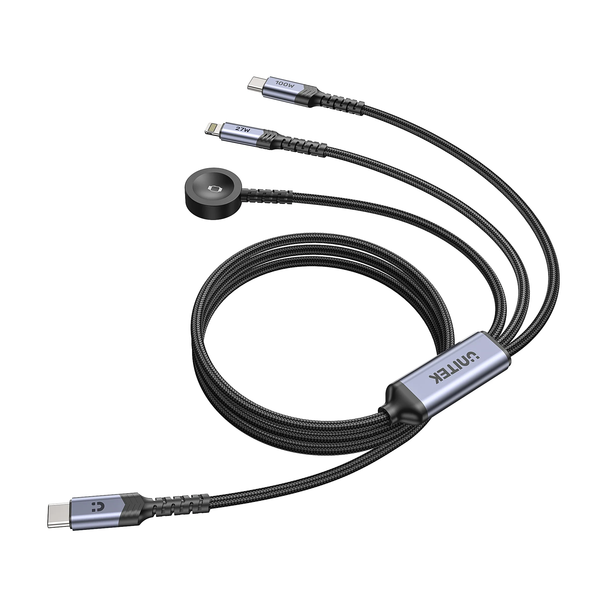 UNITEK C14180AGY01 1.2M 3 in 1 cable offers 100W USB C PD, 27W Lightning, 2.5W Apple Watch 12